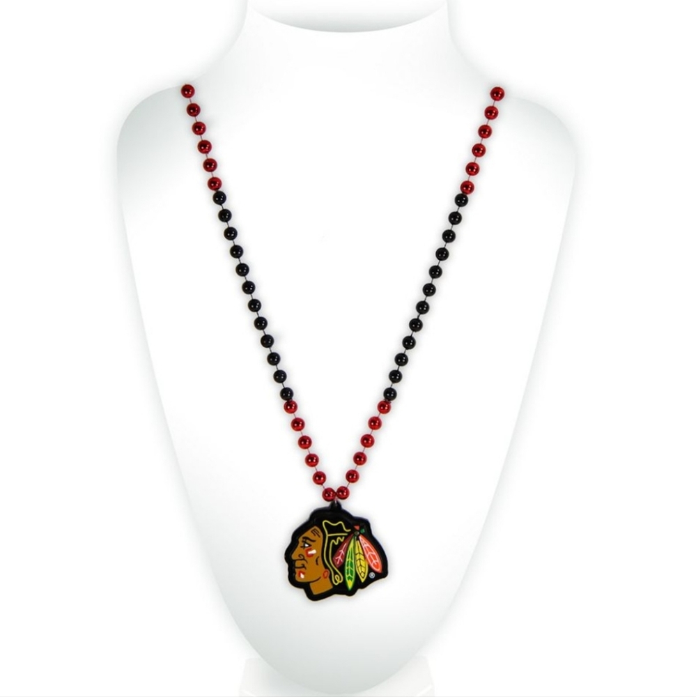 Mardi Gras style Chicago Blackhawks NHL medallion bead necklace